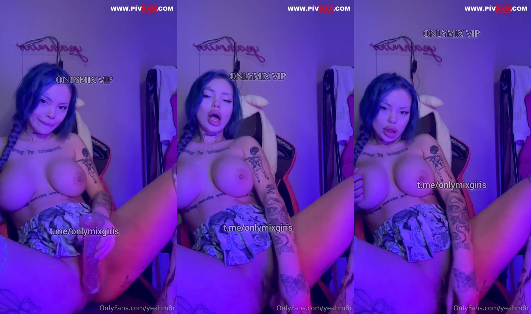 Yeahmur mavi saçlı dövmeli vücuduyla dildo sokup çıkarıyor amına İfşa Videoları