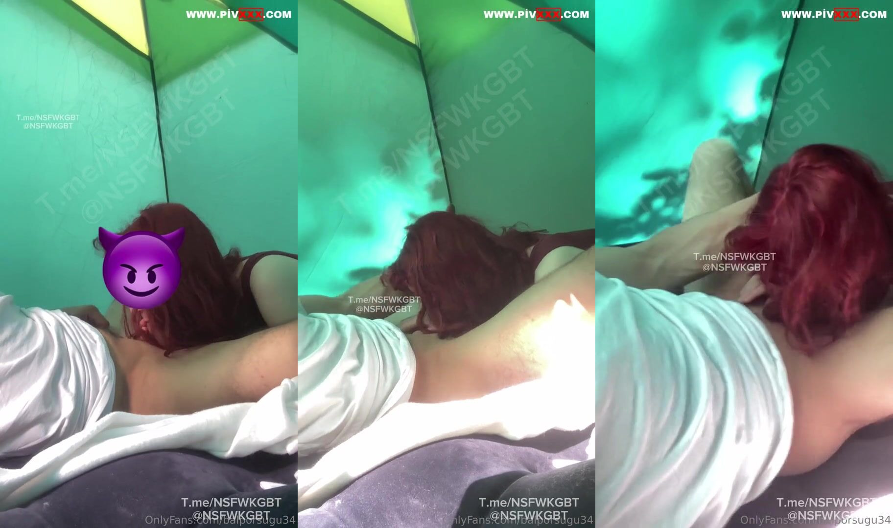 Kırmızı saçlı bal porsuğu çadırda yarağı yalayıp ağzına alıyor İfşa Videoları