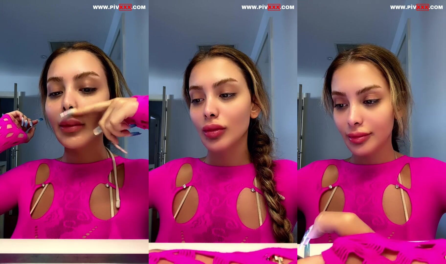Celine tango pembe kıyafetle saçını örerken poz veriyor İfşa Videoları