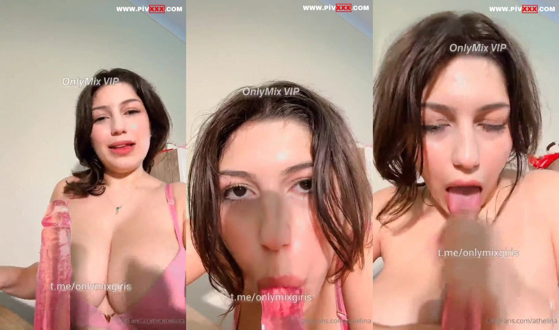 Athelina onlyfans videosunda pembe dildoyu yalayıp göğüslerine sürdü İfşa Videoları