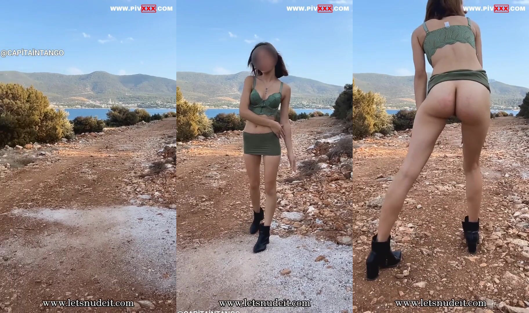 Letsnudeit dağ patikasında yeşil mini eteğini indirip götünü sergiliyor İfşa Videoları