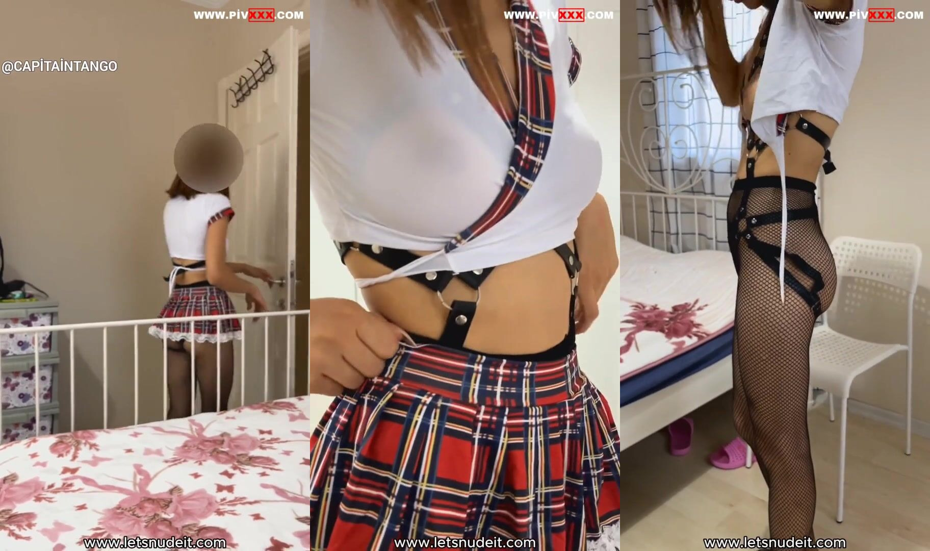Letsnudeit okul kızı kostümüyle soyunup fishnet çoraplarını sergiliyor İfşa Videoları