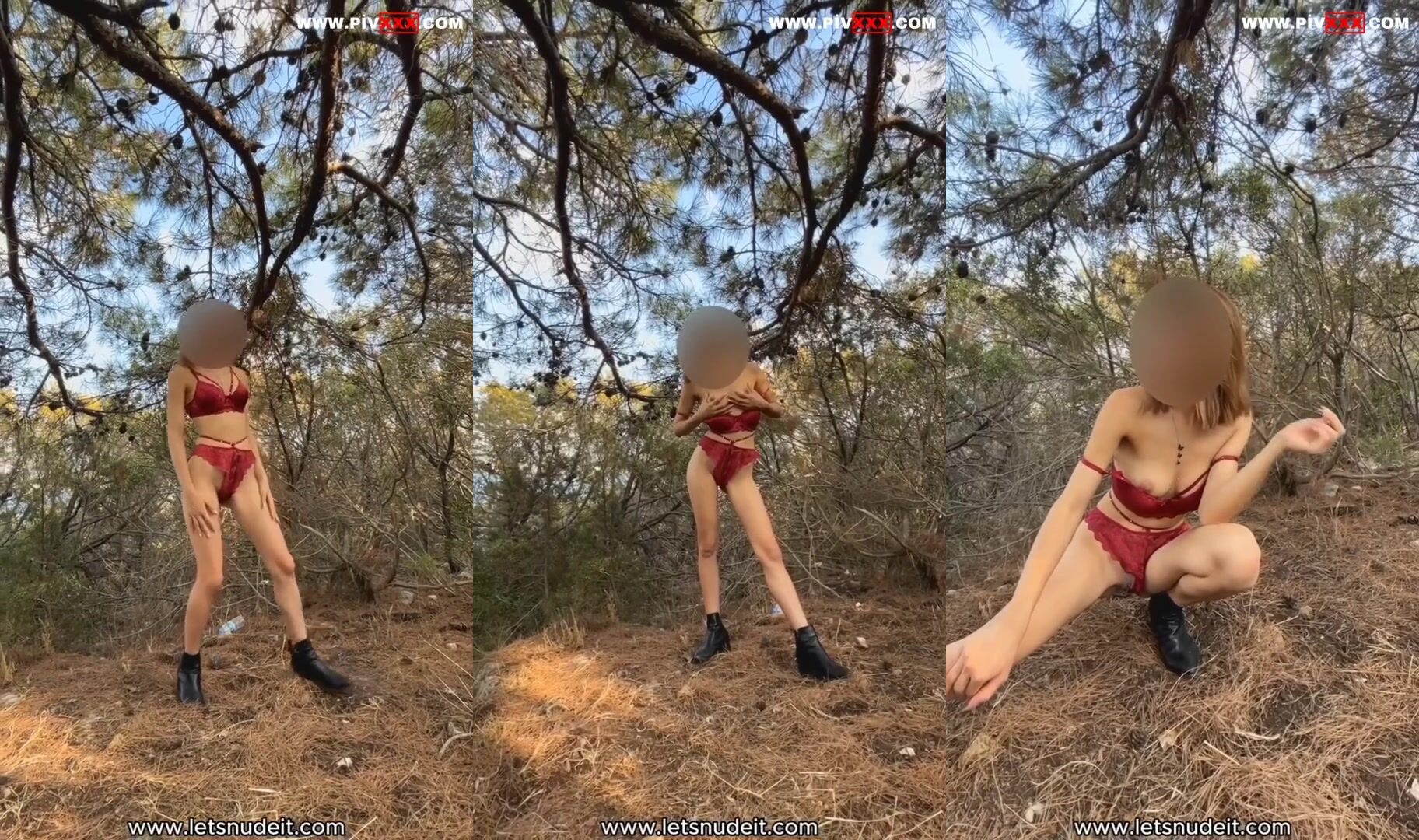 Letsnudeit ormanda kırmızı iç çamaşırıyla striptiz yapıyor İfşa Videoları