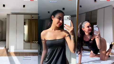 ece ronay onlyfans videosunda siyah elbisesiyle kalçasını açıp ayna karşısında poz verdi