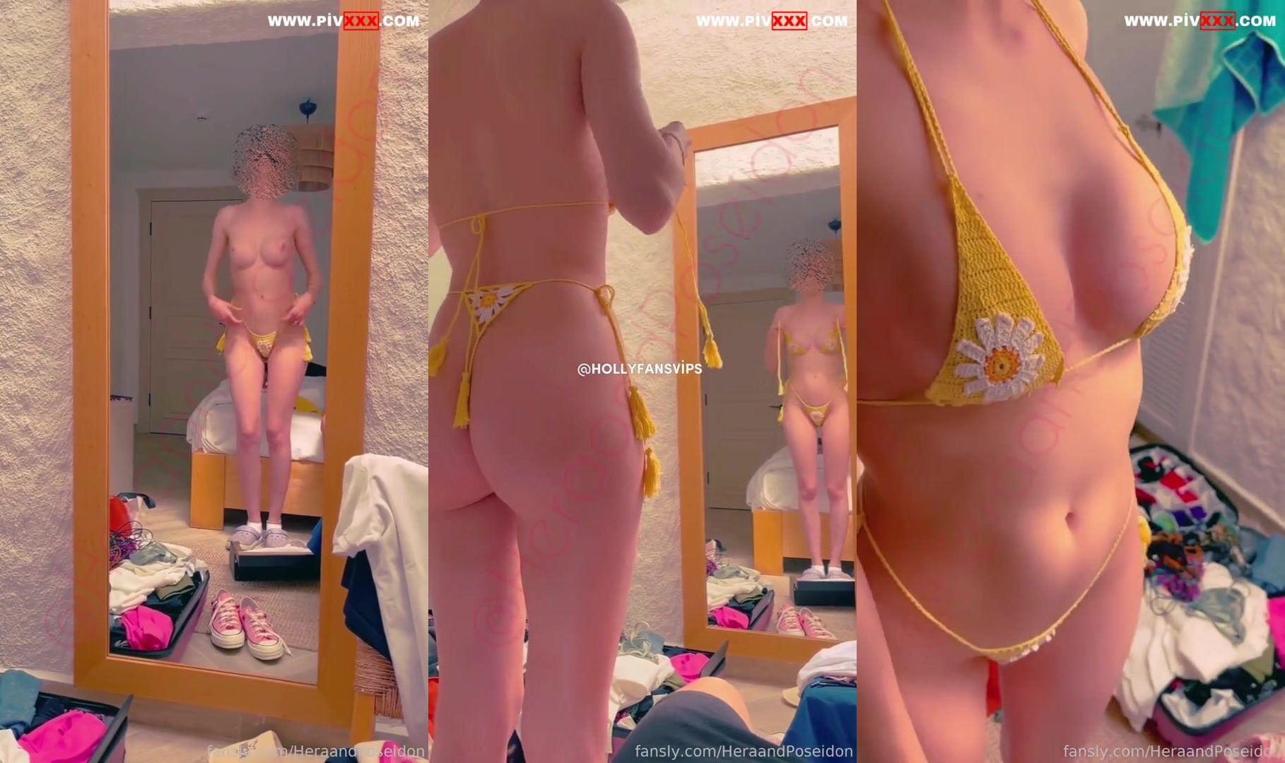 Heraandposeidon sarı mikro bikinisini giyip götünü ve amını gösteriyor İfşa Videoları