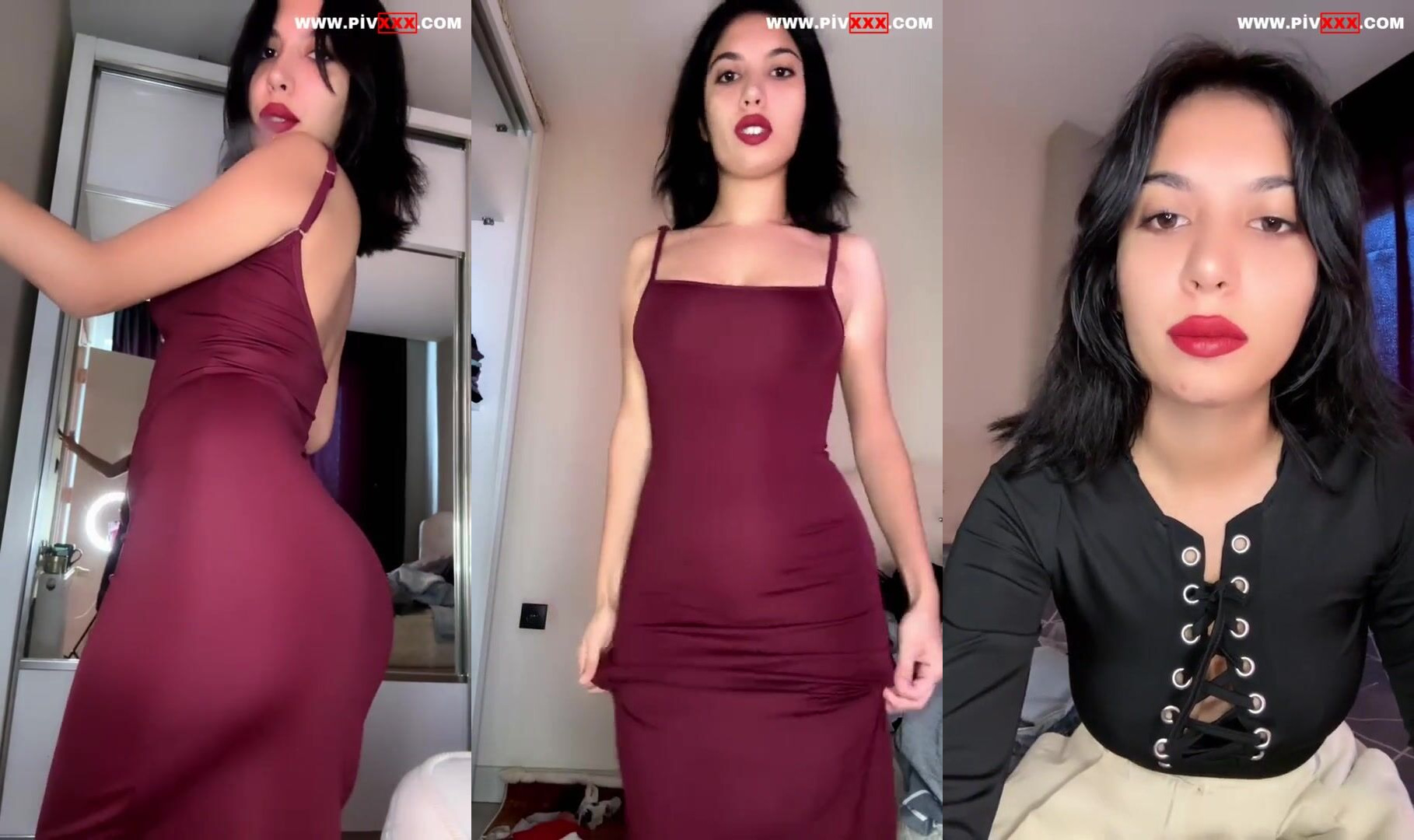 Malena tangoda bordo elbisesiyle poz verip memelerini gösteriyor İfşa Videoları
