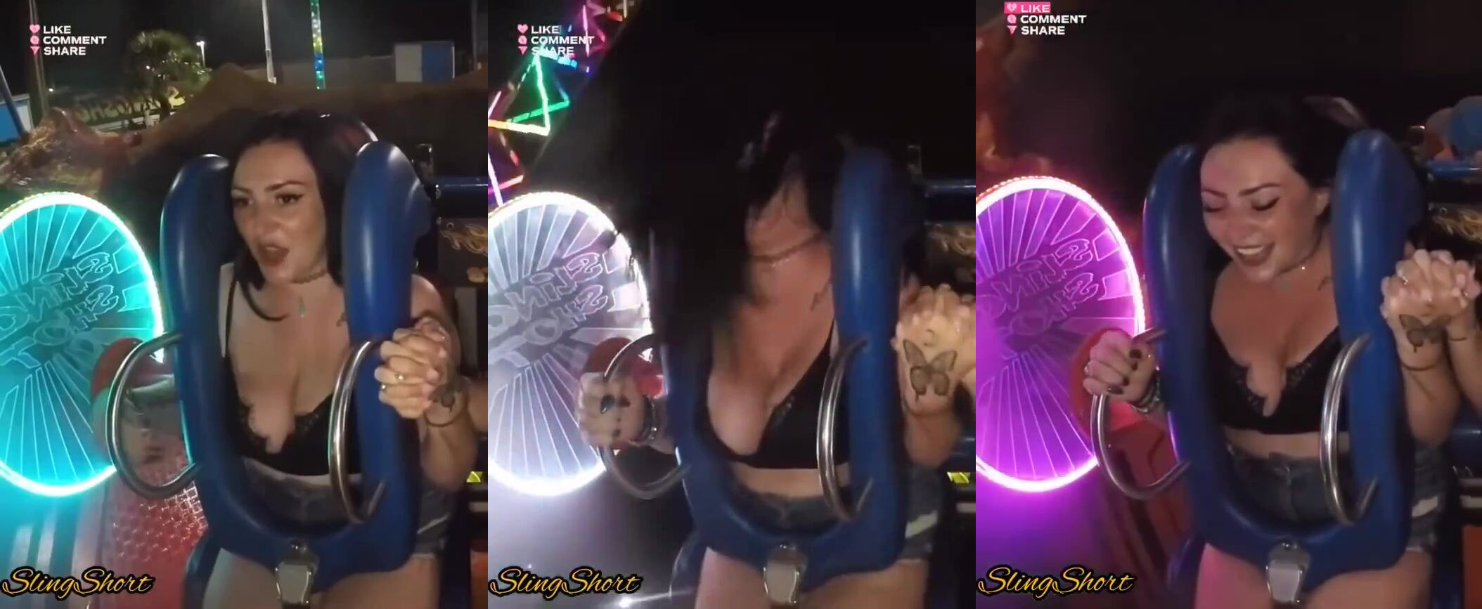 Lunaparkta oyuncakta memeleri elbiseden taşan büyük memeli karı