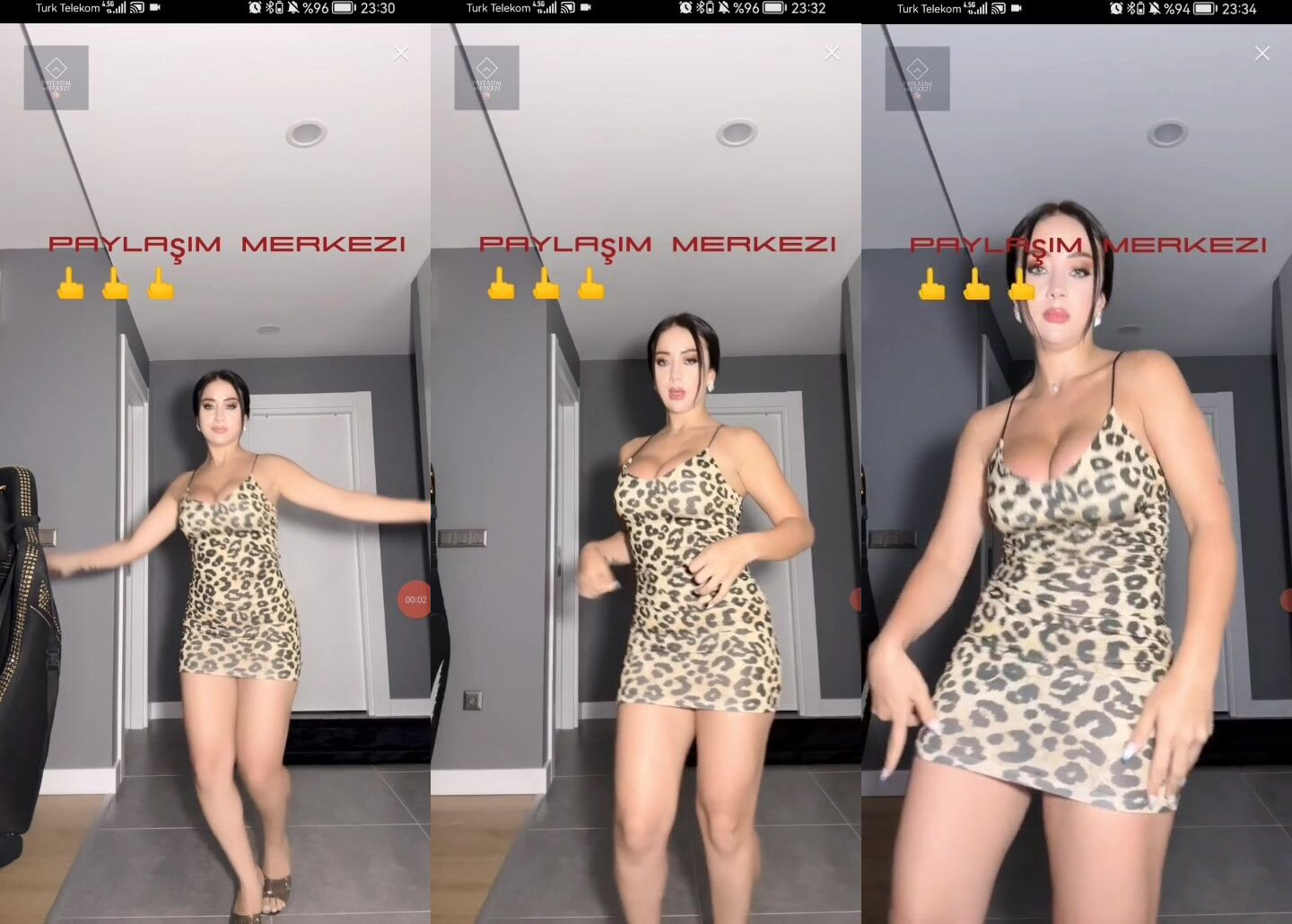 Leopar elbiseden taşan memeleriyle yayında dans eden kaltak