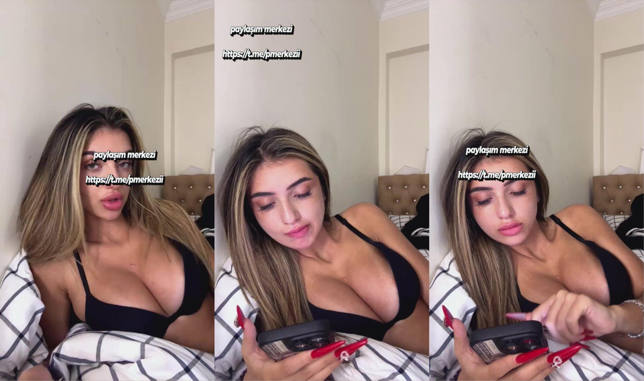 Esmer kız yayında siyah sütyenle memelerini sergiliyor
